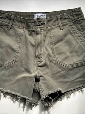PAIGE Olive Green High-Rise Frayed Hem Jean Shorts
